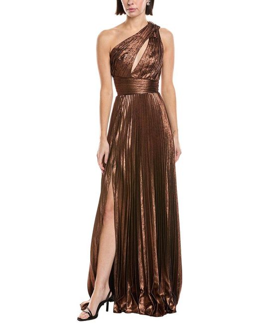 Marchesa Brown Metallic Lame One-Shoulder