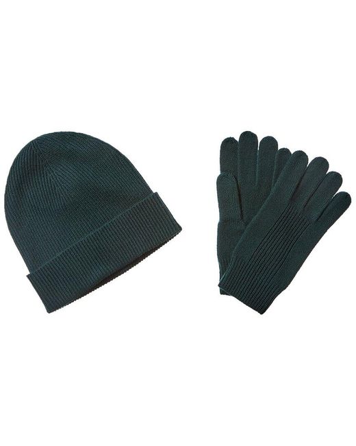 Qi Green 2pc Ribbed Cashmere Hat & Glove Set for men