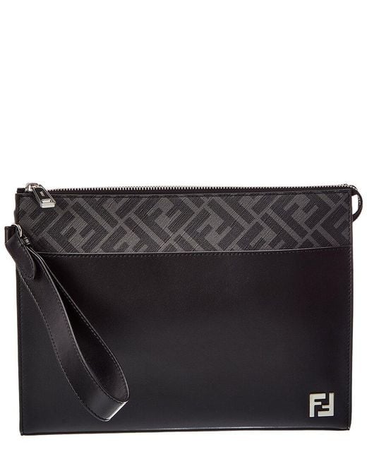 Fendi Black Ff Canvas & Leather Clutch for men