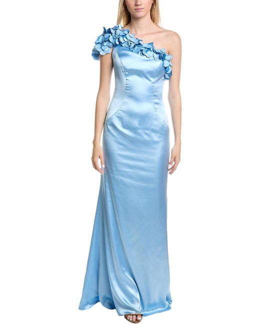 Rene Ruiz Blue One-Shoulder 3D Motif Column Gown