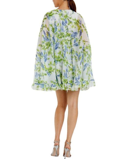 Mac Duggal Green Floral Print High Neck Ruffle Hem Cape Mini Dress