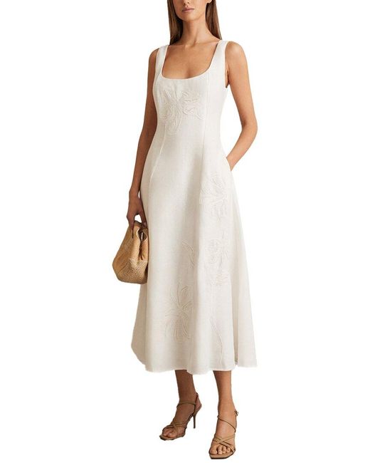 Reiss Natural Elise Linen Floral Embroidered Dress