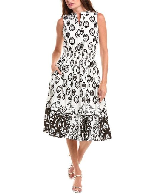 Tahari White Smocked Waist Midi Dress