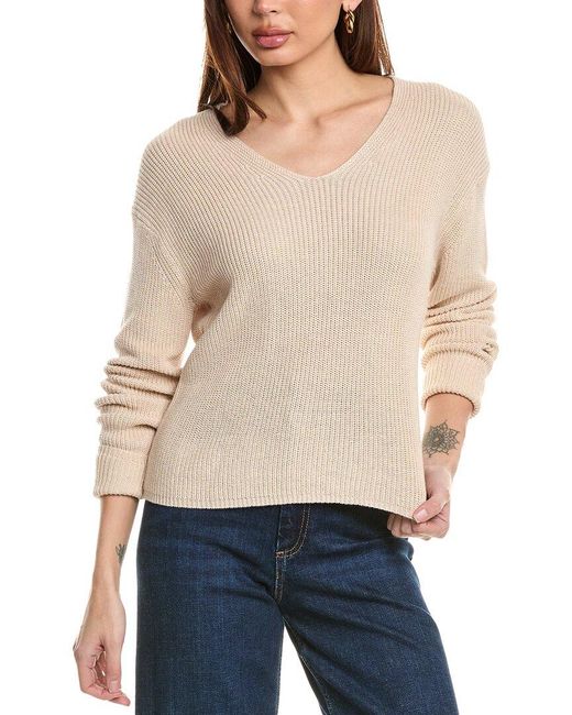 Hannah Rose Natural Cropped Loose Shaker V-Neck Cashmere-Blend Sweater