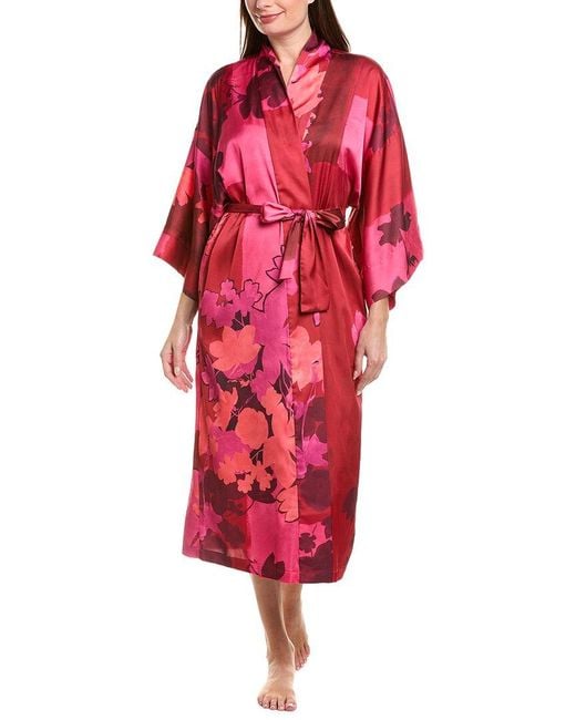 Natori Red Coromandel Printed Stretch Satin Kimono Robe