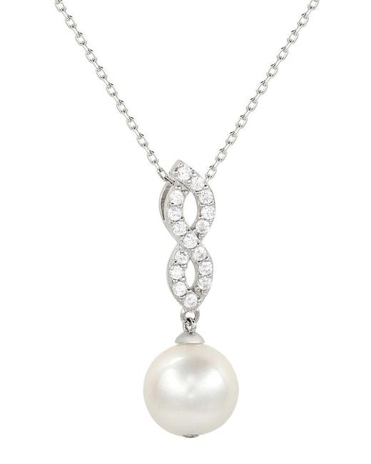 Suzy Levian White Silver Sapphire 10mm Pearl Pendant Necklace