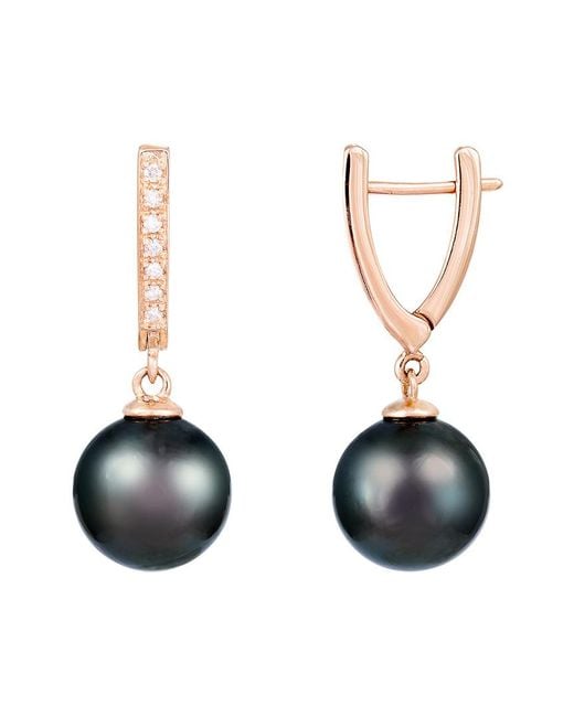 Splendid Multicolor 14k Rose Gold 0.10 Ct. Tw. Diamond & 10-11mm Tahitian Pearl Earrings