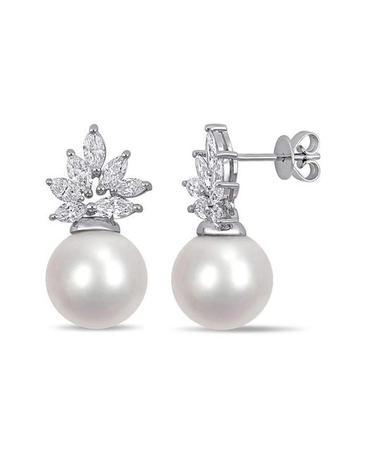 Pearls White 14k 1.46 Ct. Tw. Diamond & 11-12mm South Sea Pearl Earrings