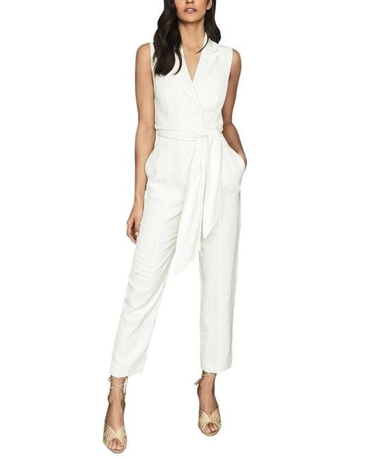 Reiss Romy Bow Detail Linen-blend Jumpsuit in White | Lyst