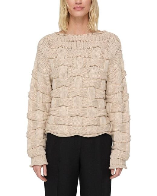 Lafayette 148 New York Natural Chunky Basket Stitch Bateau Neck Wool Sweater