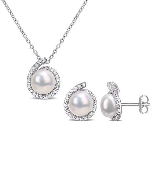 Rina Limor Metallic Silver Diamond 8-8.5mm Pearl Halo Set