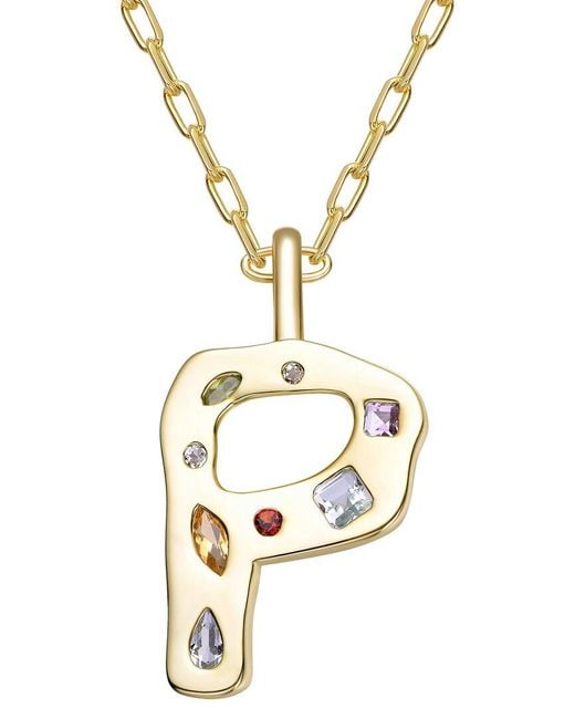 Genevive Jewelry Metallic 14K Plated Cz Alphabetical Necklace