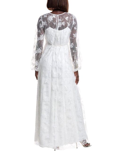 ML Monique Lhuillier White Embroidered Tulle Lace Maxi Dress