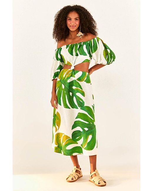 Farm Rio Green Monstera Cutout Waist Linen-blend Midi Dress