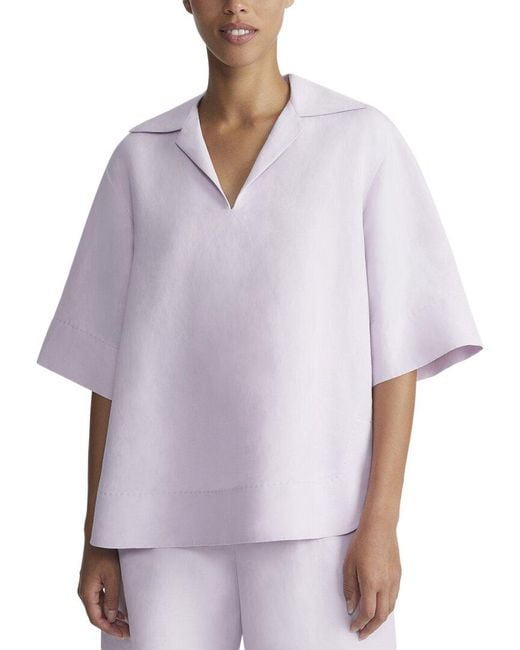 Lafayette 148 New York Purple Collared Popover Linen & Silk-Blend Blouse