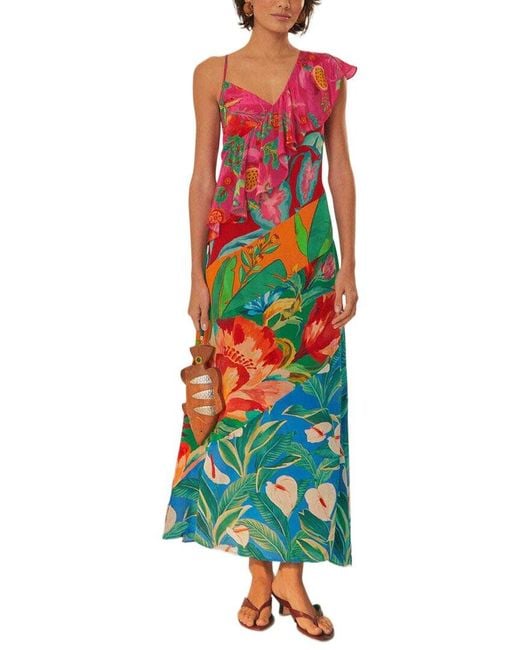 Farm Rio Green Mixed Flowery Ruffle One Strap Midi Dress