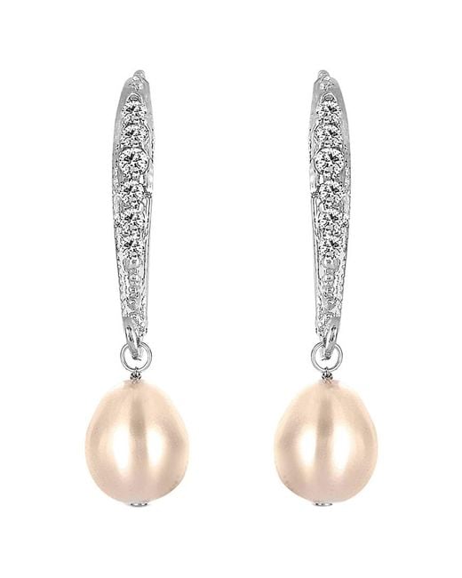 Genevive Jewelry White Silver Cz 8-10mm Pearl Drop Earrings