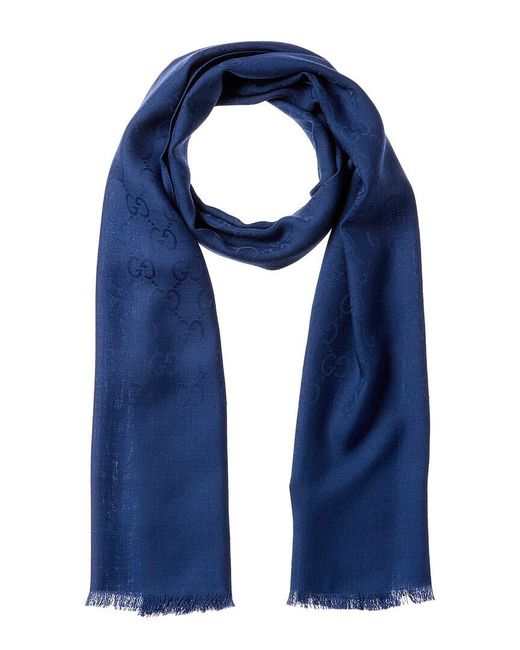 Gucci Logo Small Jacquard Wool & Silk-blend Scarf in Blue
