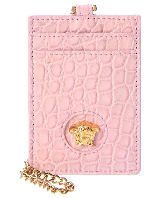 Versace Pink La Medusa Croc-embossed Leather Card Holder On Chain