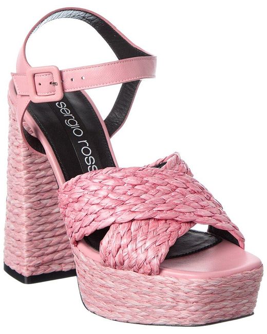 Sergio Rossi Pink Seville 90 Straw Platform Sandal