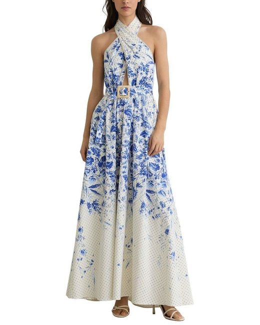 Reiss Blue Amaya Floral Print Belted Maxi Dress