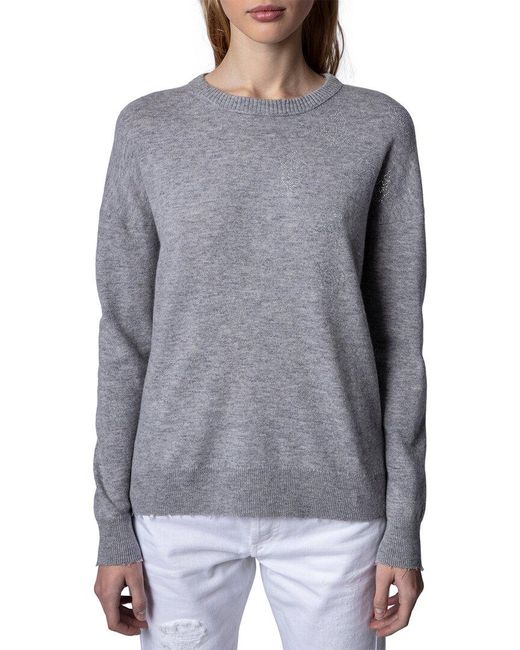Zadig & Voltaire Gaby Leaves Strass Wool & Cashmere-blend Sweater in Gray |  Lyst