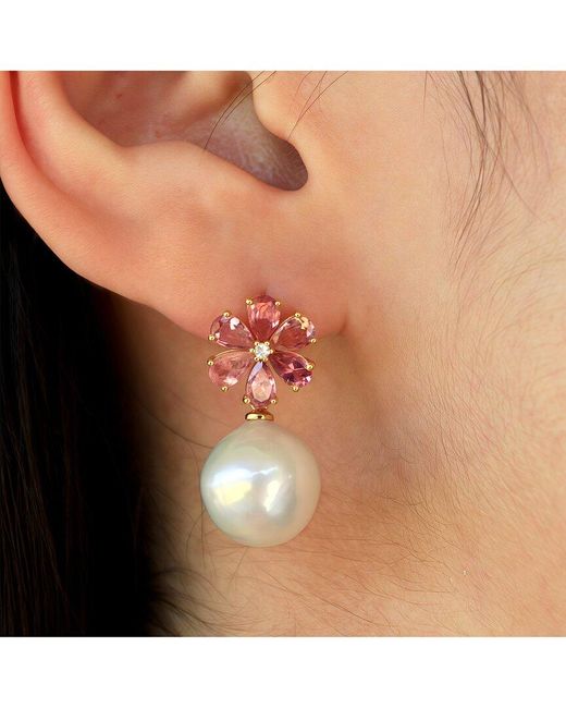 Kai Fine Jewelry Pink 14K 2.33 Ct. Tw. Diamond & Tourmaline & 12-13Mm Pearl Drop Earrings