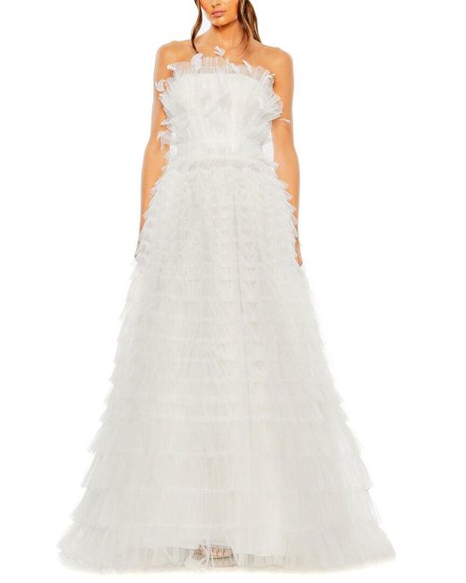 Mac Duggal White Strapless Ruffle Gown With Feathers