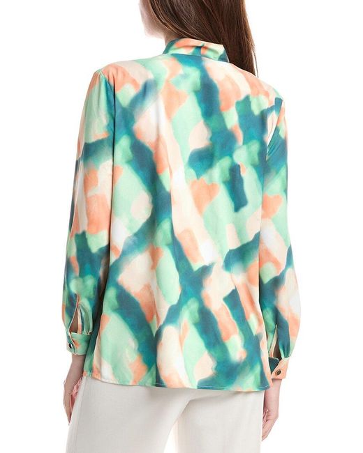 Misook Blue Abstract Print Crepe De Chine Blouse