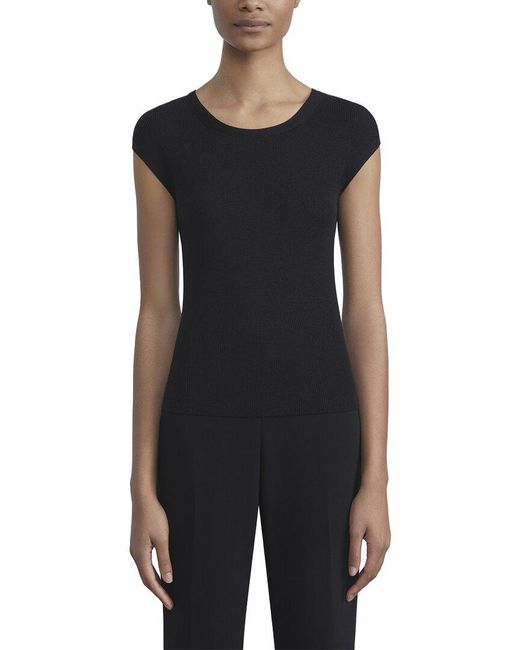 Lafayette 148 New York Black Ribbed Wide Crewneck Silk-Blend Pullover