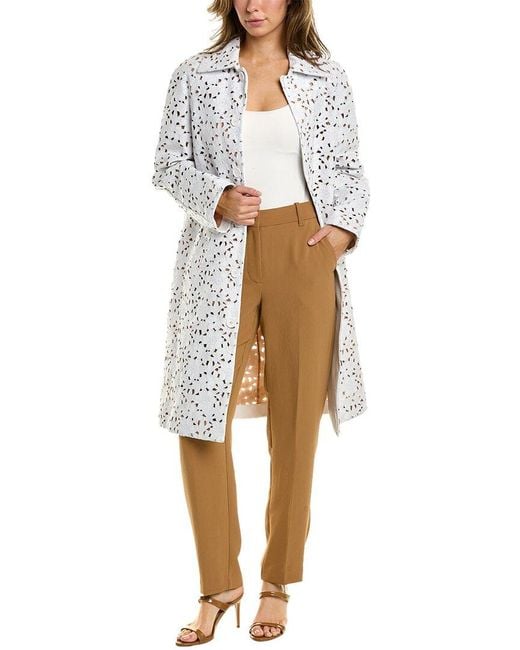 Michael Kors White Floral Plonge Leather Balmacaan Jacket