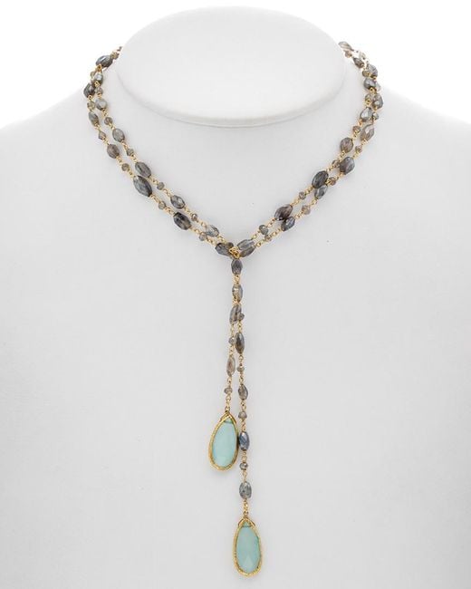 Rachel Reinhardt Jewelry White 14k Over Silver Labradorite & Chalcedony 44in Lariat Necklace