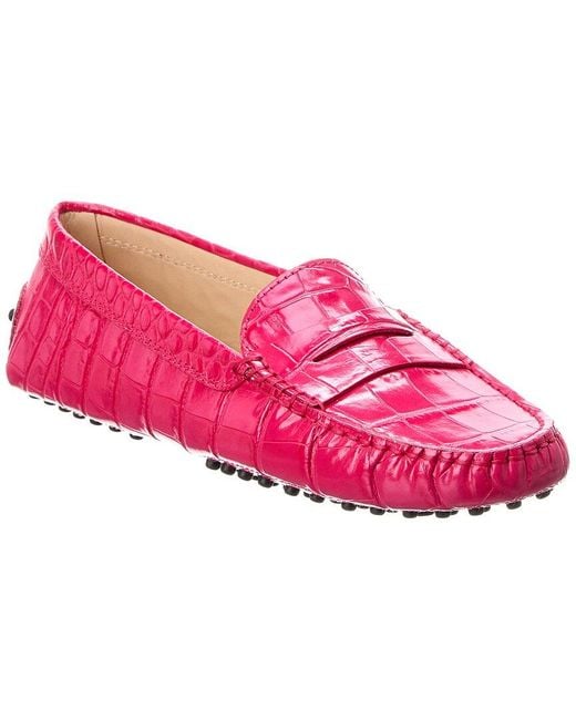 Tod's Pink Gommino Croc-embossed Leather Loafer