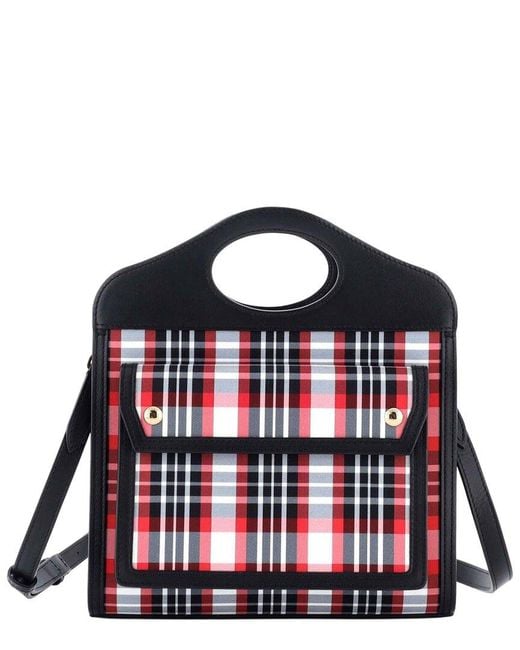Burberry Red Black Check Canvas & Leather Logo Pocket Tote Mini (authentic Pre- Loved)