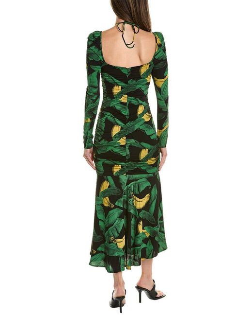 Ganni Green Printed Drapey Jersey Gathering Midi Dress