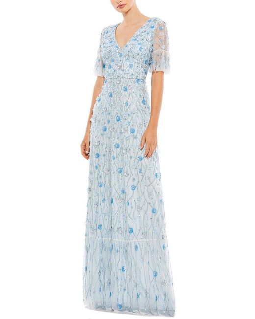 Mac Duggal Blue Embellished Empire Ruffle Hem A-Line Gown