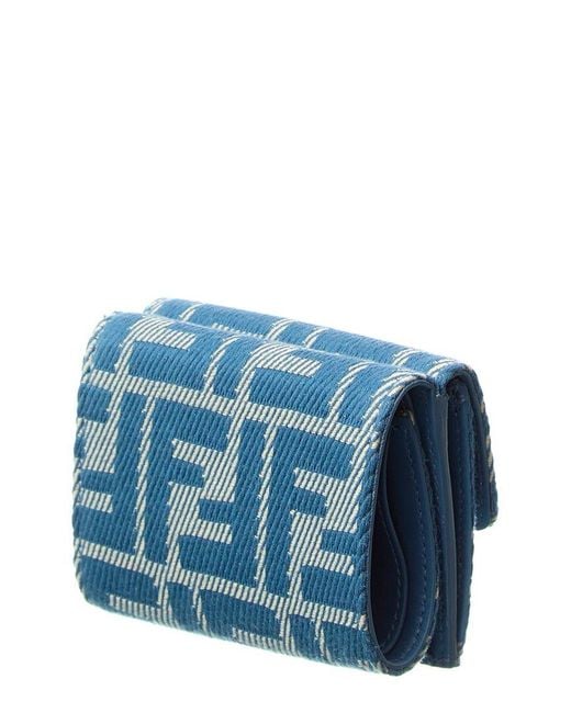 Fendi Blue Baguette Ff Micro Trifold Jacquard & Leather Wallet