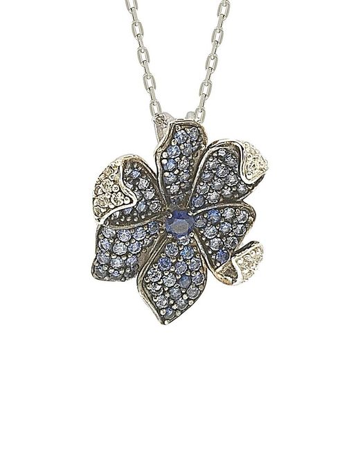 Suzy Levian White Silver Diamond & Sapphire Flower Necklace