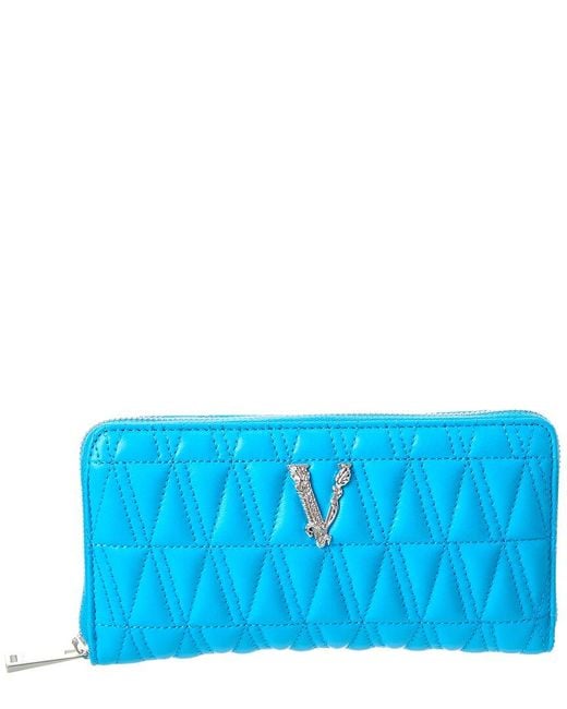 Versace Blue Virtus Leather Zip Around Wallet