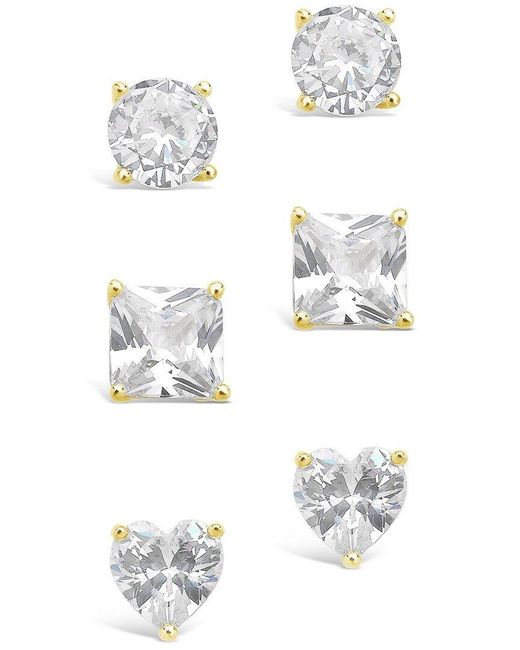 Sterling Forever White 14k Over Silver Cz Set Of 3 Statement Studs