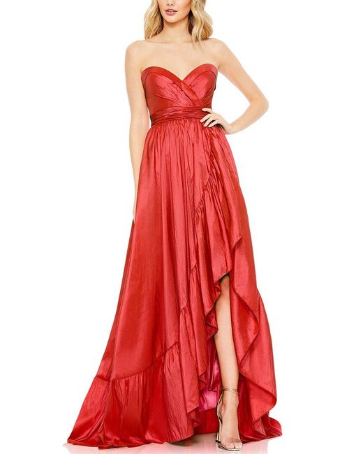 Mac Duggal Red Asymmetrical Strapless Ruffle Gown
