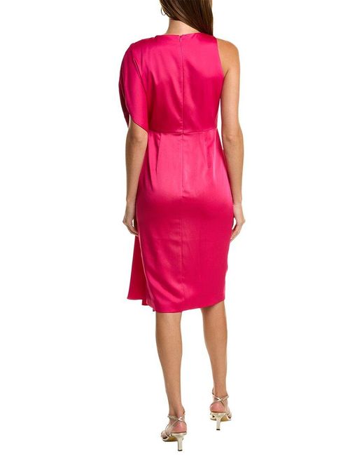 THEIA Pink One-Shoulder Satin Midi Dress