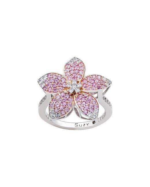 Suzy Levian Pink Silver 0.02 Ct. Tw. Diamond & Gemstone Flower Ring
