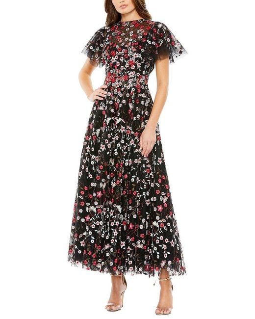 Mac Duggal Black Floral Embroidered Flutter-sleeve Midi-dress