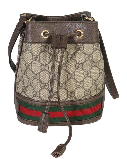 Gucci Gray Beige, Brown Coated Canvas & Leather GG Supreme Ophidia Mini Bucket Bag (authentic Pre-loved)
