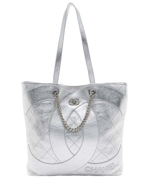 Chanel White Silver Lambskin Club Monaco Large Shopping Tote (authentic Pre-loved)