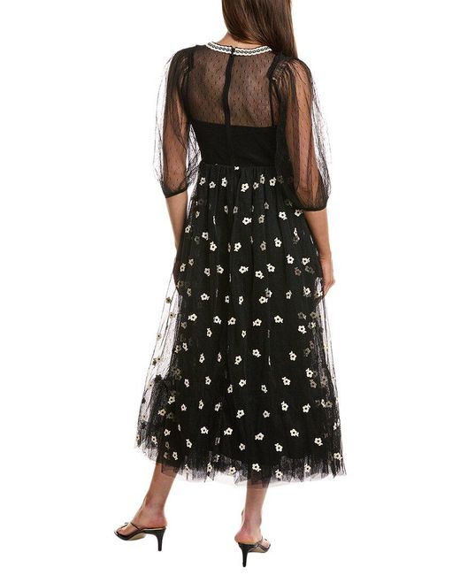 RED Valentino Black Embroidered Flower Tulle Midi Dress
