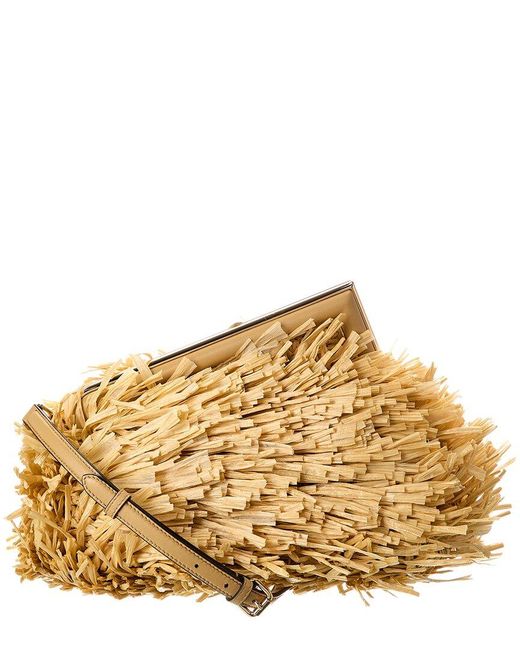 Fendi Metallic First Midi Raffia & Leather Clutch