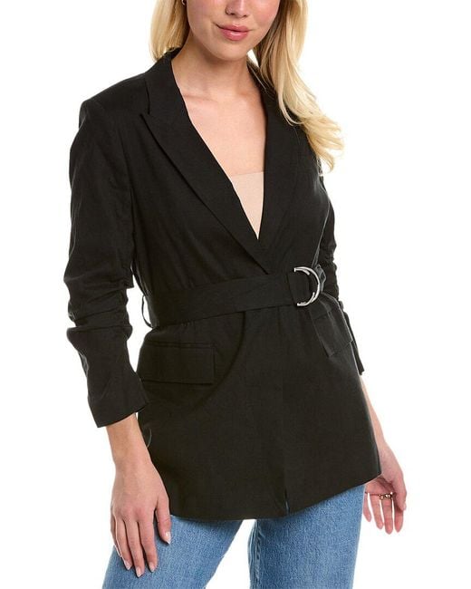 10 Crosby Derek Lam Black Harrison Gathered Sleeve Linen-Blend Blazer