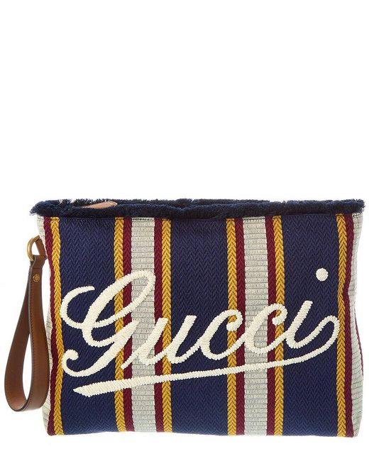 Gucci Blue Embroidered Canvas & Leather Pouch for men
